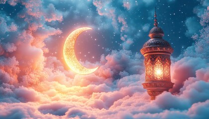 Obraz premium Glowing Ramadan Lantern in Dreamlike Cloudscape with Crescent Moon and Stars Night Sky