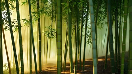 Fototapeta premium AI GENERATE, lush bamboo forest with soft light filtering through the tall green stalks, background
