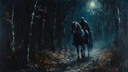 Mysterious rider in dark forest under moonlight