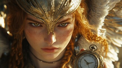 Golden valkyrie holding antique pocket watch