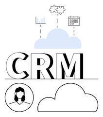 CRM acronym with cloud, bar chart, puzzle, calendar icons, and user avatar. Ideal for customer management, sales, marketing business analytics collaboration cloud services data integration. Line