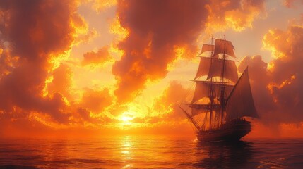 Fototapeta premium Sunset Sail: A Majestic Sailing Ship at Golden Hour