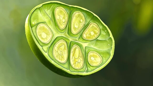 Freshly cut green fruit showcasing unique interior structure with seeds and pith, highlighted against a blurred background in natural light
