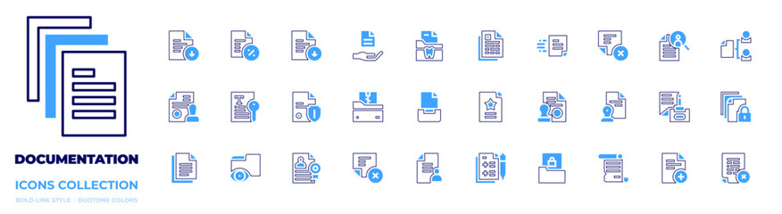 Documentation icon collection. Bold line style. Duotone colors. job search, file, cancel, document, folder, stamp, documents, certified, information, form, zip file