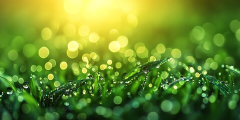 Obraz premium Experience the serene beauty of vibrant green wheat fields glistening with morning dew, captured in a simple yet elegant design that embodies freshness and vitality.