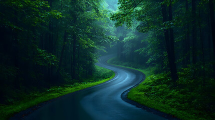 Obraz premium Winding road through misty forest, scenic drive, lush greenery