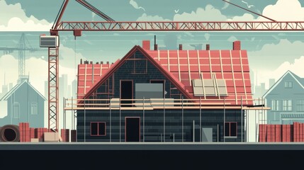 Construction site showcasing a house under development with cranes and scaffolding in the background