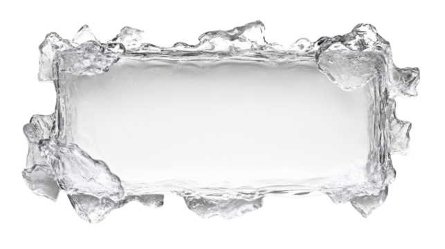 Realistic horizontally oriented ice frame with transparent background surrounding white area