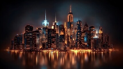 Fototapeta premium Night Cityscape Reflection Warm and Cool Lights, Modern Architecture