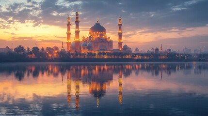 Fototapeta premium Majestic Mosque at Sunrise: A Serene Reflection