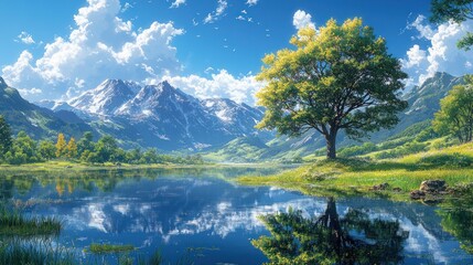 Obraz premium Serene mountain lake with tree reflection.