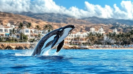 Obraz premium Orca Whale Leaping From Ocean Water Near Coastal Resort