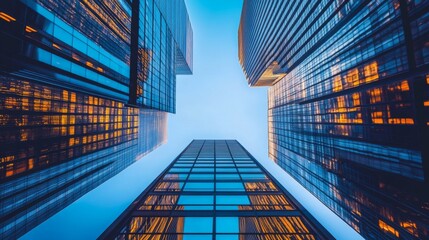 A stunning view looking up at modern skyscrapers, showcasing glass facades and a vibrant blue sky, creating a sense of urban energy and architectural beauty.