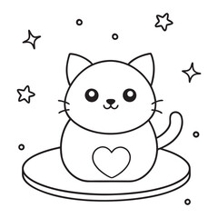 Cute Cartoon Cat Illustration with Heart Design for Coloring Books and Kids' Projects