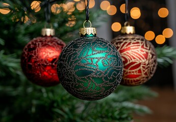 Ornate Red, Green, and Gold Christmas Ornaments on Decorated Tree