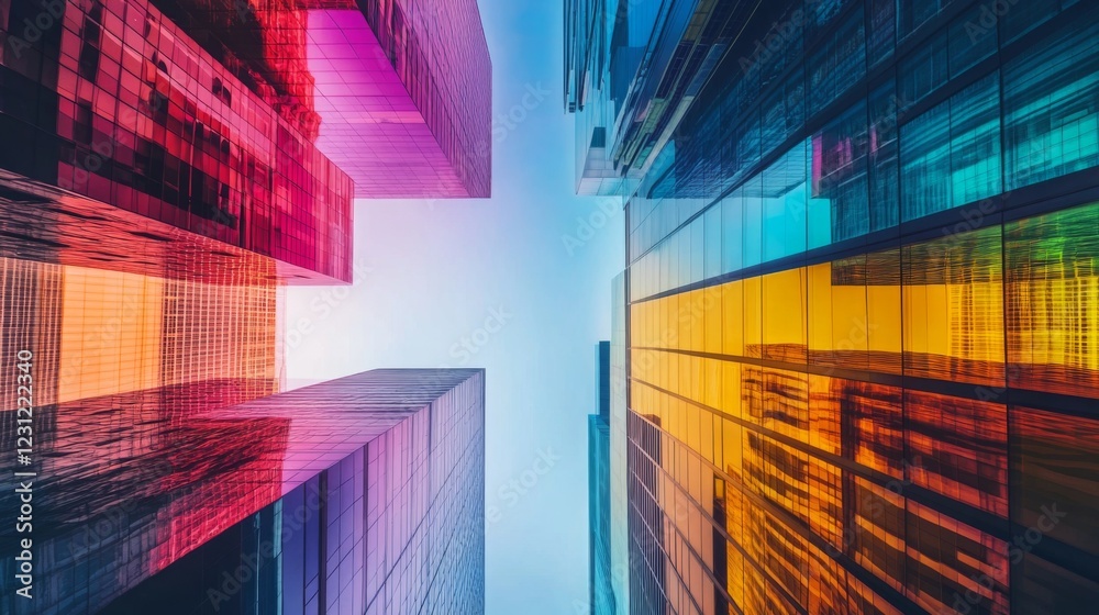 Poster a vibrant view of colorful skyscrapers reflecting sunlight, creating an artistic interplay of light 