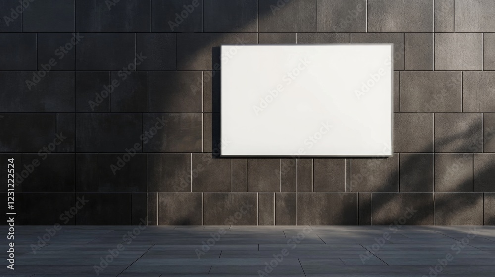 Poster a blank white board mounted on a dark textured wall, illuminated by soft lighting, creating a minima