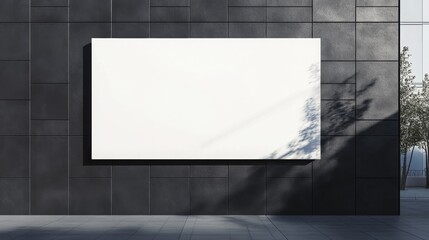 A blank billboard mounted on a modern dark wall, surrounded by a serene, minimalist environment with soft shadows.