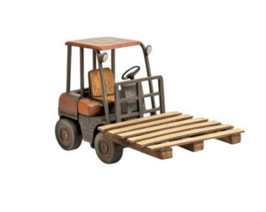 forklift carrying wooden pallet, showcasing industrial equipment in action. This highlights functionality and design of classic forklift, perfect for warehouse settings