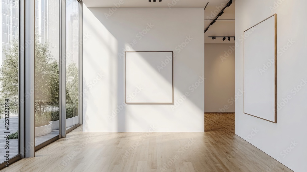 Poster a spacious, modern art gallery featuring minimalistic design with empty frames and natural light ill