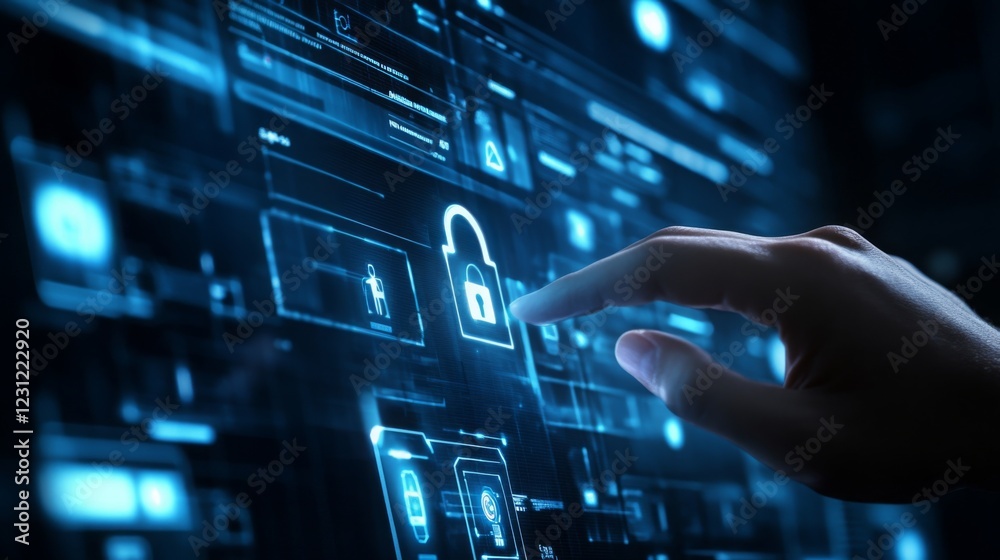 Poster a hand interacts with a digital interface displaying security icons, emphasizing cybersecurity and d