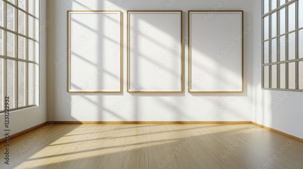 Poster a bright, empty gallery space featuring three unfilled frames and sunlight casting shadows on a wood