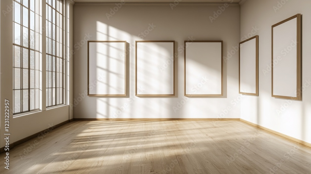 Aufkleber A bright, minimalist gallery space with several empty frames on the walls, illuminated by soft sunlight streaming through large windows.