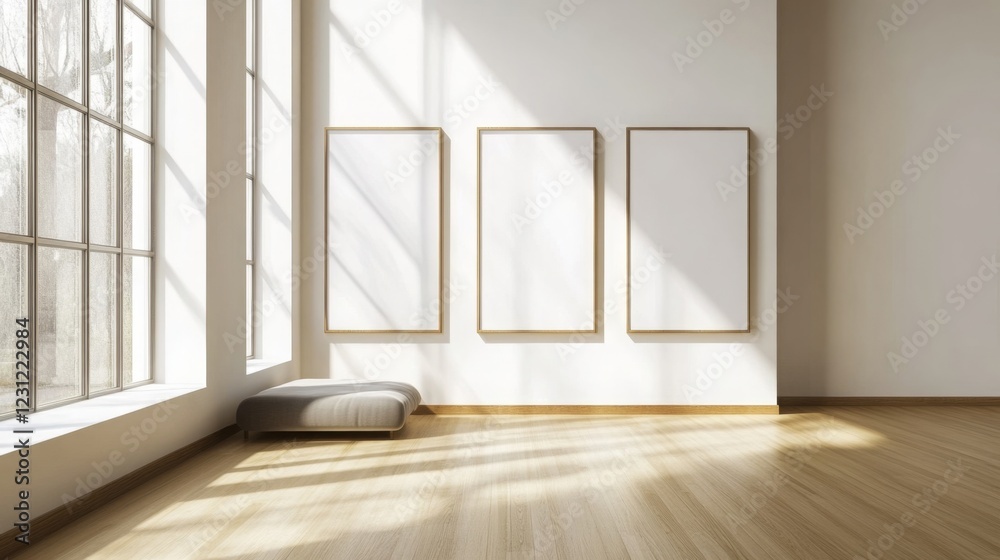 Poster a minimalist art gallery featuring three empty frames on a sunlit wall, with a wooden floor and a se