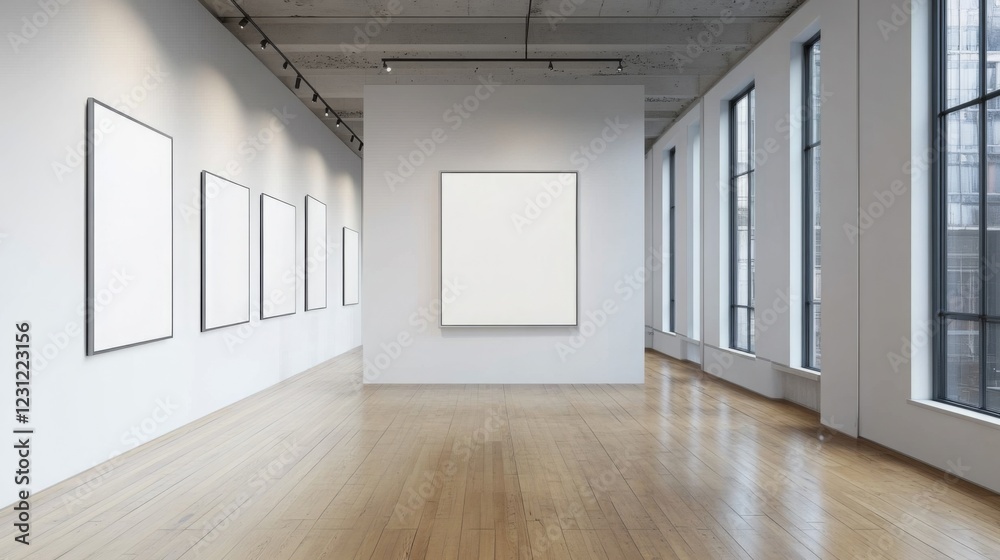 Aufkleber A minimalist art gallery featuring empty frames and a blank canvas, bathed in natural light from large windows.