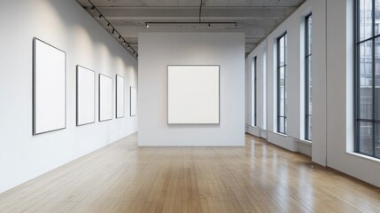 Obraz premium A minimalist art gallery featuring empty frames and a blank canvas, bathed in natural light from large windows.