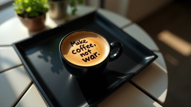 A cup of coffee with "Make coffee, not war." in foam. Sleek black tray, geometric patterns, and a potted plant nearby. Natural light enhances the bold, peaceful message of coffee. ☕