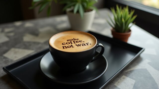 A cup of coffee with "Make coffee, not war." in foam. Sleek black tray, geometric patterns, and a potted plant nearby. Natural light enhances the bold, peaceful message of coffee. ☕ - Powered by Adobe