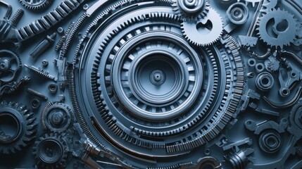 A detailed arrangement of gears and mechanical components in a blue-toned design.