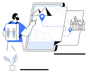 Traveler with backpack pointing at a digital map showing a marked route between mountain and castle. Ideal for travel planning, adventure, exploration, navigation, tourism design, journey tracking