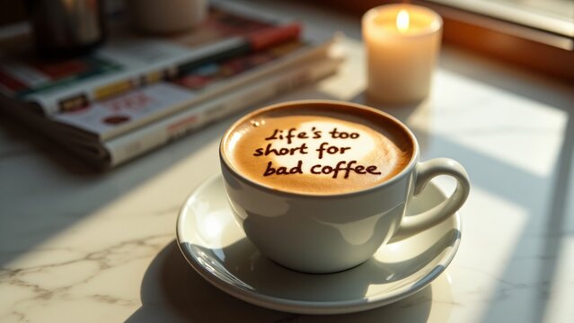 A cup of coffee with "Life’s too short for bad coffee." in foam. Polished marble countertop, magazines, and a lit candle beside it. Soft morning light creates a warm and inviting vibe. ☕