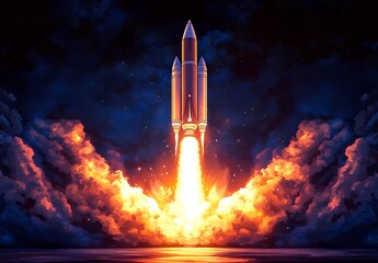 Pixel Art Rocket Launching into Night Sky