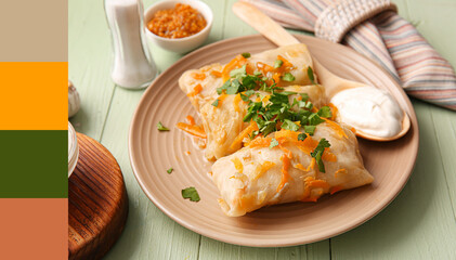 Plate with tasty stuffed cabbage rolls on color wooden background