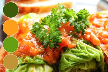 Tasty stuffed cabbage rolls, closeup. Different color patterns
