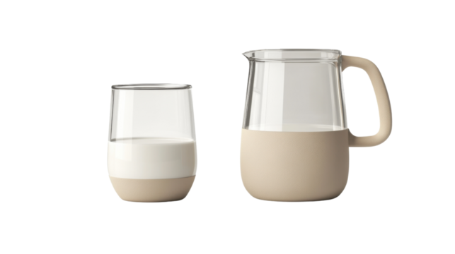 Glass jug and tumbler containing milk on transparent background