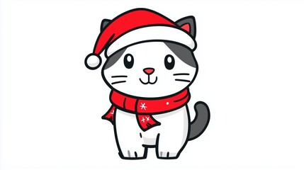 Cute cartoon kitten with santa hat and red scarf for Christmas