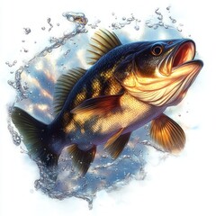Realistic illustration of leaping smallmouth bass fish vibrant aquatic art