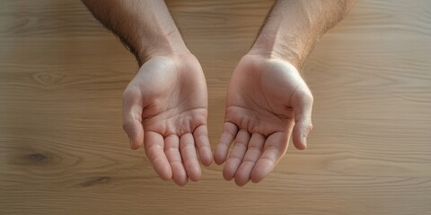 Open hands presented on a wooden surface.