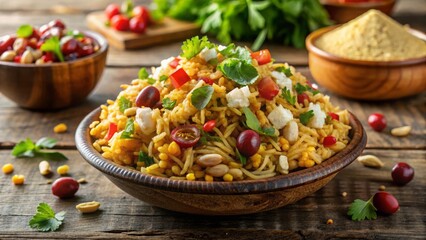Savor the delight of bhel puri a tangy puffed rice snack with tamarind street food market indian cuisine vibrant setting culinary experience