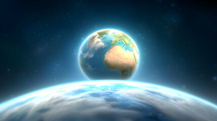 Fototapeta premium Earthrise, space view, planet, glowing atmosphere, environmental concept