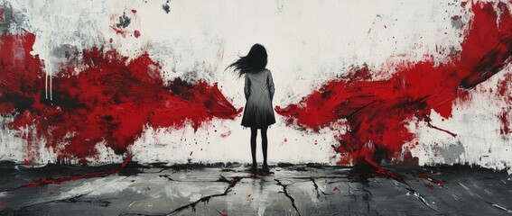 Girl stands amidst urban chaos, engulfed by graffiti and shattered glass, reflecting emotions in a striking art composition