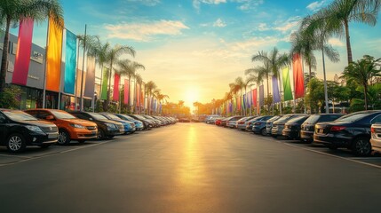 Obraz premium Retail outlet mall with a sprawling parking area, vibrant banners, and colorful vehicles filling the lot