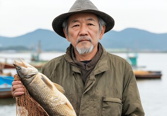 Naklejka premium Portrait Of Older Asian Fisherman Holding Fish Near Boats