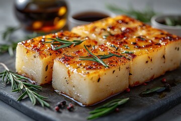 Gourmet Potato Dish with Fresh Herbs and Dipping Sauces on Slate Board