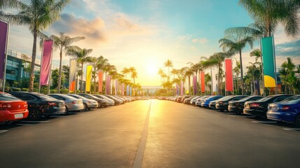 Obraz premium Retail outlet mall with a sprawling parking area, vibrant banners, and colorful vehicles filling the lot