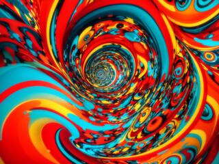 A vibrant, swirling abstract design is featured on the page, with deep red, blue, yellow and green hues.